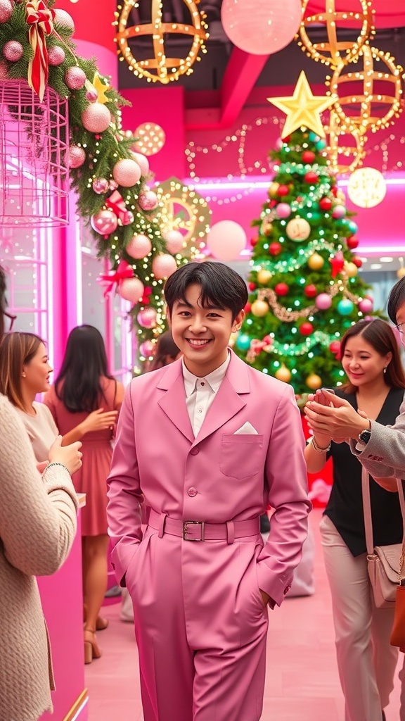Haechan celebrating Christmas in a pink-themed event with decorations and a Christmas tree.